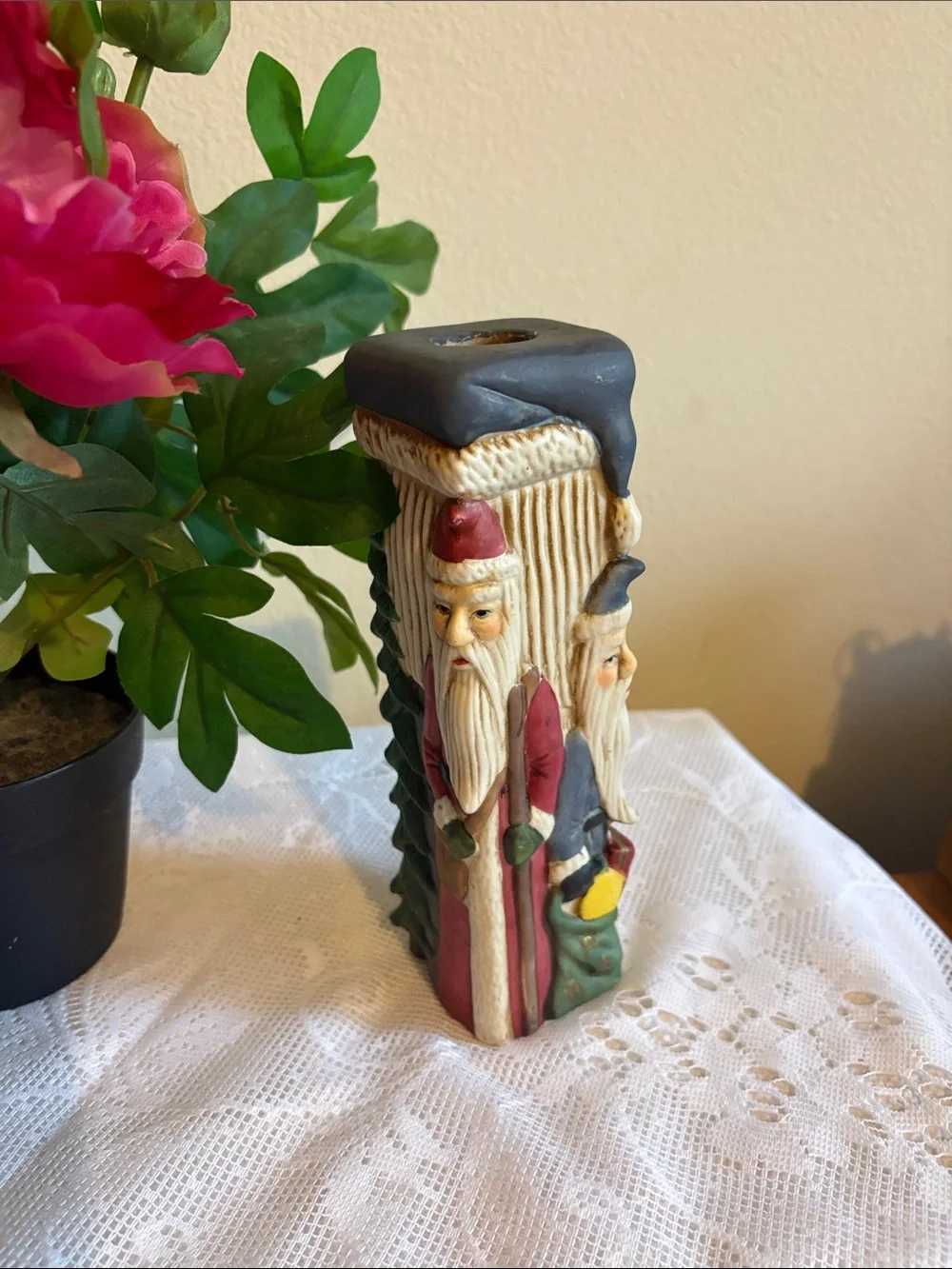 Vintage 2001 Santa Faces Pillar Candle Holder